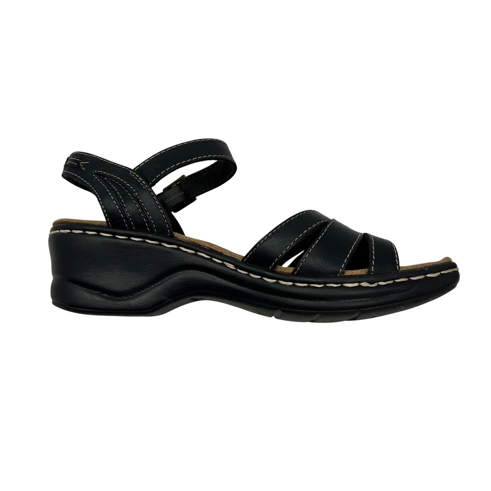 Clarks Bendables Black Leather Wedge Sandals Strappy Ankle Strap Womens 7.5 - Picture 8 of 14